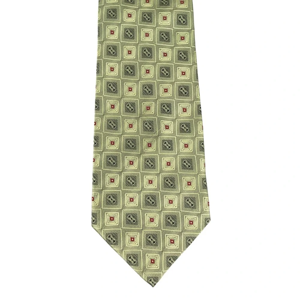 Ainujian Mens Silk Necktie Geometric Square Pattern Gold Green Red Blue 55X4